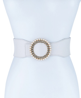 Stretch Belt With Round Pearl Rhinestone Buckle BT320075 IVORY