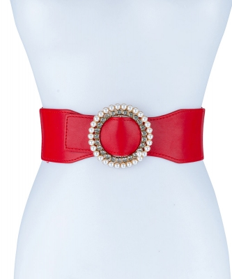 Stretch Belt With Round Pearl Rhinestone Buckle BT320075 RED