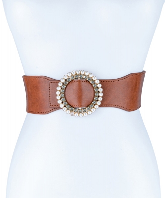 Stretch Belt With Round Pearl Rhinestone Buckle BT320075 TAN