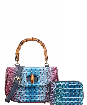 2 in 1 Crocodile Bamboo Handle Tie-dyed Satchel Wallet Set CE-8904A