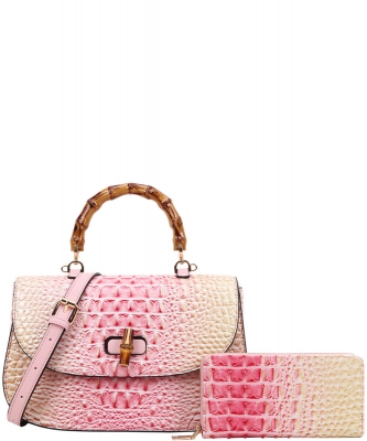 2n1 Large Crocodile Twist Lock Tie-dyed Satchel Wallet Set CE-9135W