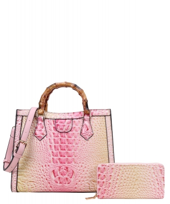2in1 Crocodile Bamboo Handle Tie-dyed Satchel & Wallet CE-9160W