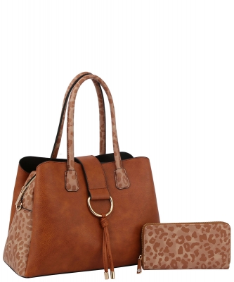 Leopard Printed D Ring Flap 2-in-1 Satchel D0692W BROWN