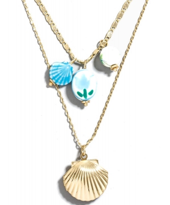 Clam Floral Locket Charms Layered Chain Necklace DON7599