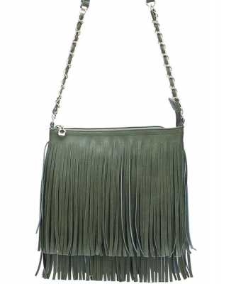 Faux Leather Fringe Hand Bag E-031 OLIVE