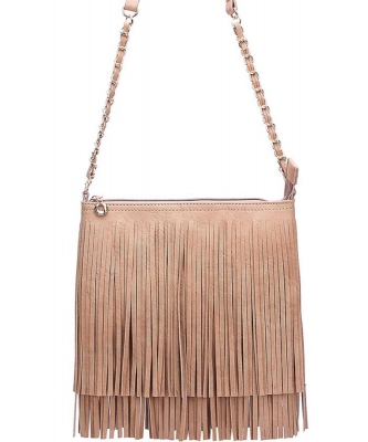 Faux Leather Fringe Hand Bag E-031 STONE