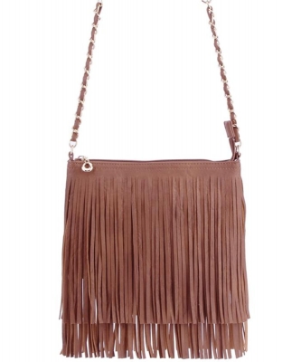 Faux Leather Fringe Hand Bag E-031 TAN