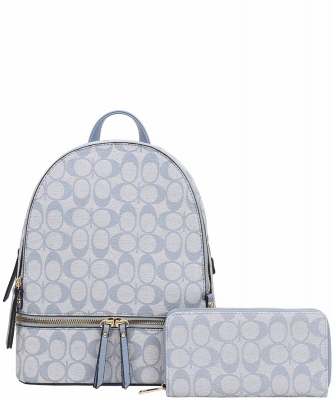 2in1 Oval Zipper Handle Backpack Wallet Set FT-7285W