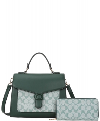2in1 Oval Pattern Print Handle Satchel Wallet Set FT-9100W