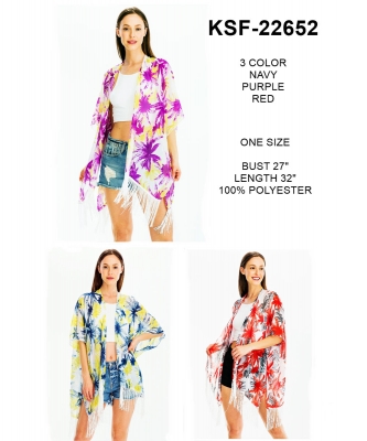 Package of 6 Palm Tree  Print Fringe Silky Kimono  KSF-22652
