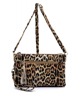 Leopard Double Compartment Clutch Cross Body Bag LE021 TAN
