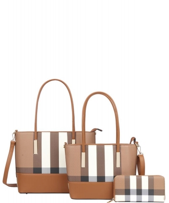 3in1 Plaid Smooth Tote Bag with Bag and Wallet Set LM-8557-S