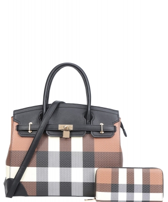 2in1 Plaid Monogram Classic Satchel Set LM-8913W BLACK