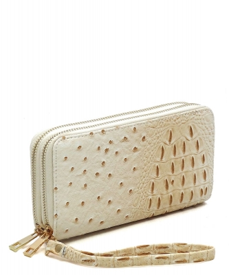Ostrich Croc Double Zip Around Wallet Wristlet OS0012