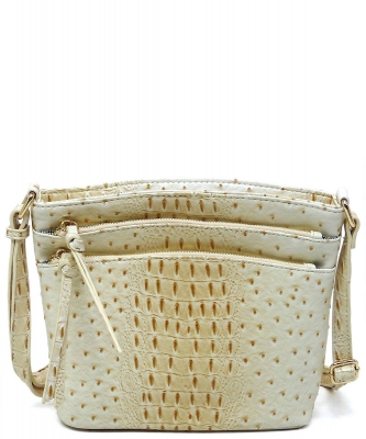 Ostrich Croc Multi Zip Pocket Crossbody Bag OS059