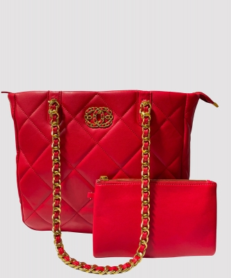 Quilted Tote & Matching Pouch Set with Interlocking Chain Strap P6899