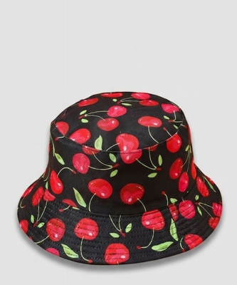 Black Bucket Hat with Red Cherry Print PHA780057