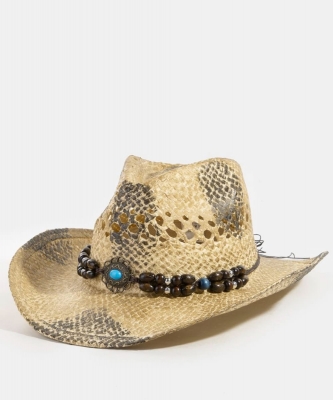Western Straw Braided Beaded Strap Cowboy Hat PMMT9756