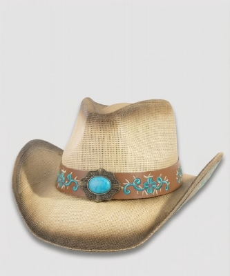 Western Straw Turquoise Stone Floral Strap Cowboy Hat PMMT9758