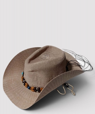 Straw Cowboy Hat With Beaded Trim and Tassels PPHAT02