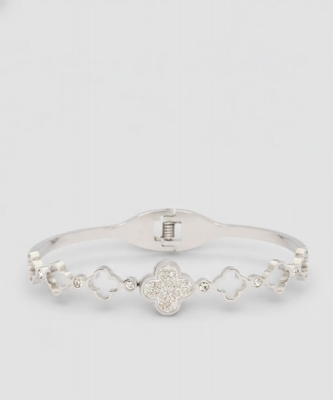 Rhinestone Clover Cutout Stainless Steel Bangle PSS1030
