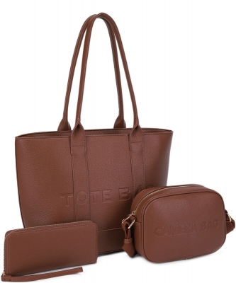3in1 Textured Tote Bag W Crossbody and Wallet Set UM-31518