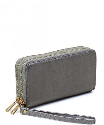 Fashion Double Zip Around Wallet Wristlet WU0012 PEWTER