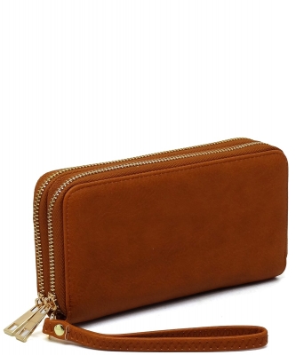 Fashion Double Zip Around Wallet Wristlet WU0012 TAN
