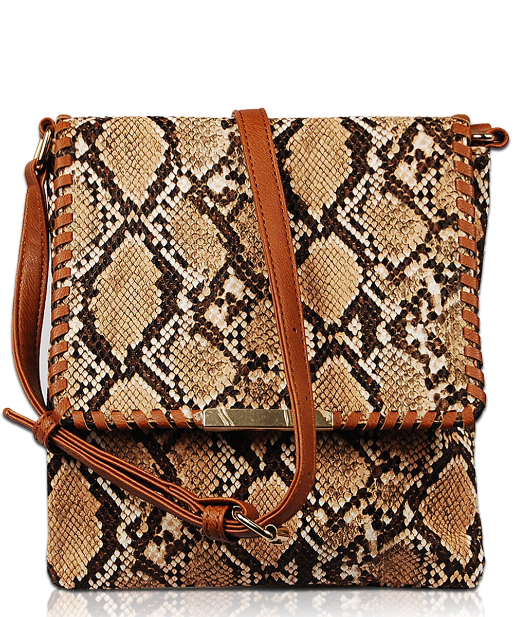 Snakeskin Flap Over Messenger Bag PY1745 BROWN: Wholesale Handbags ...