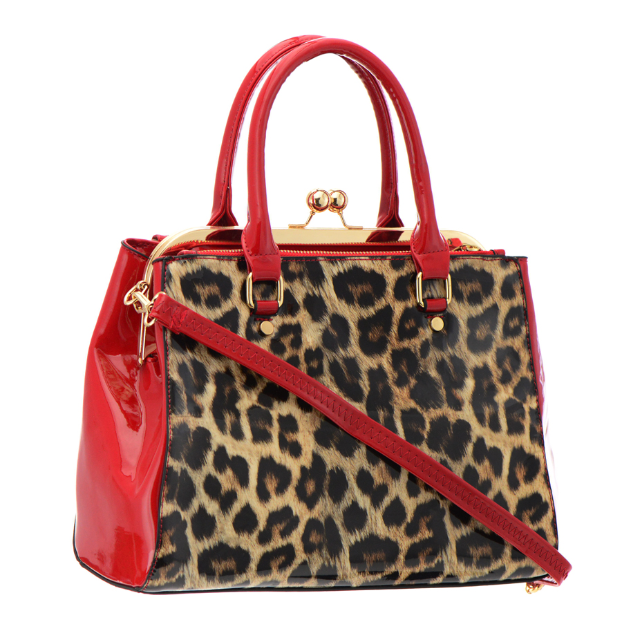 Leopard Print Patent Leather Handbag 36058 - Black