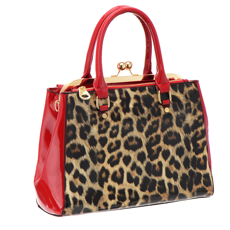 Leopard Print Patent Leather Handbag 36058 - Black