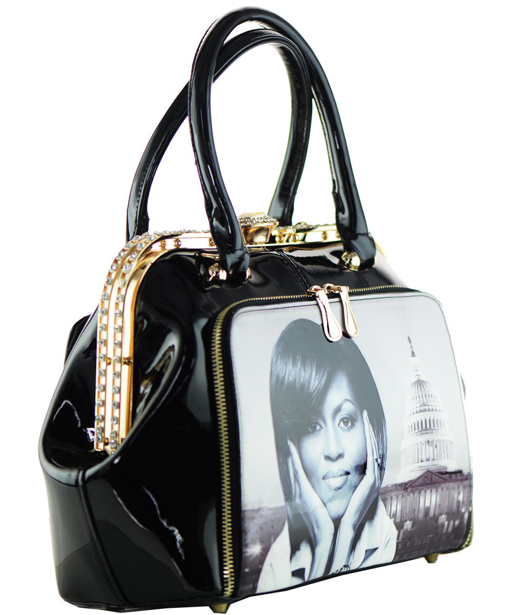 Fashion Magazine Print Faux Patent Leather Handbag With Gold ...