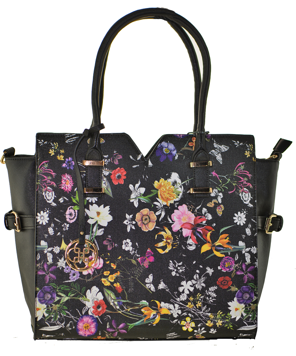 Floral Black Flower Faux Leather Tote Bag