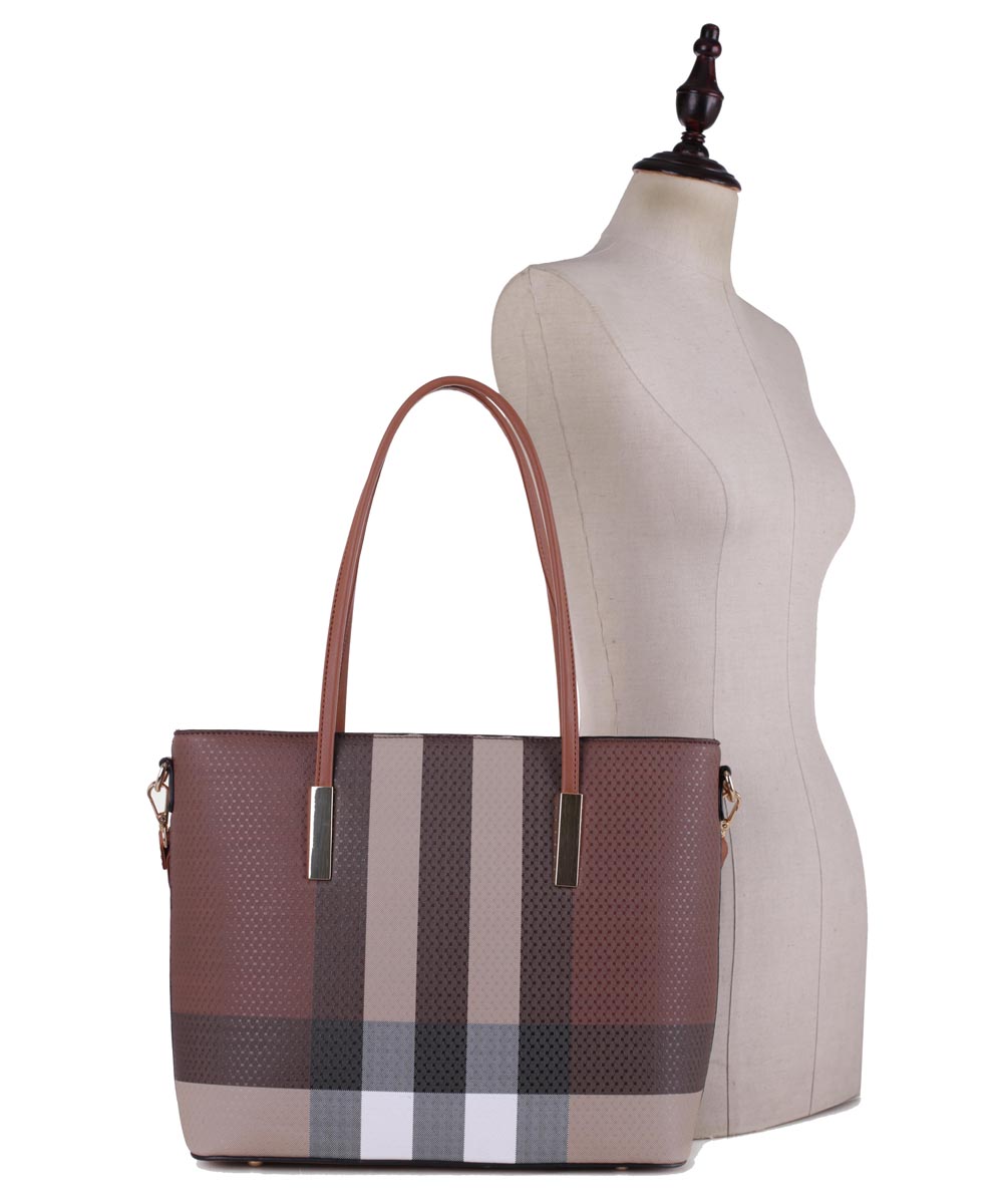 Fashion Faux Checkered Tote Bag Wallet Set CK19630 BROWN