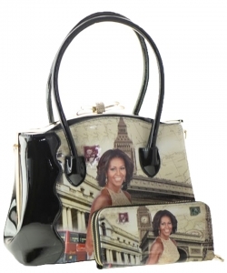 Glossy magazine cover satchel bag purses bowling bag Michelle Obama bags with wallet set HB619
