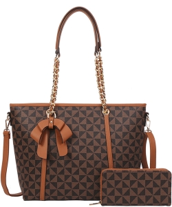 2n1 Monogram Bow Design Tote Bag with Matching Wallet Set 007-8657-W BROWN