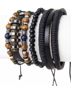 Leather Wooden Beads Stacking Bracelet Set 128-TB5009