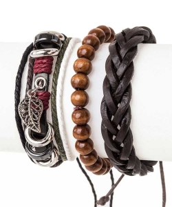 Leaf Charm Wooden Beads Mix Leather Bracelet Set 128-TB5022