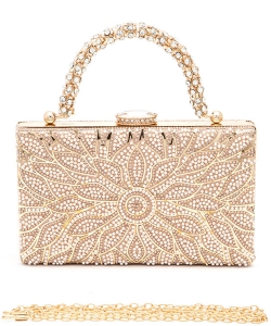 Pearl Studs Rhinestone Handle Flower Box Clutch Bag 808