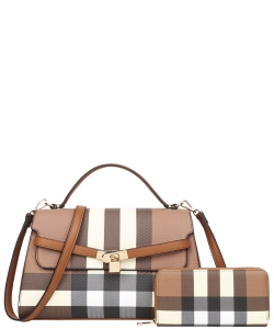 2in1 Plaid Handle Satchel Bag with Wallet Set BN-LM-8932-W KHAKI