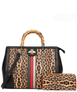 Bee Charm Leopard Print Bamboo Handle  Satchel Wallet Set BWX8705W