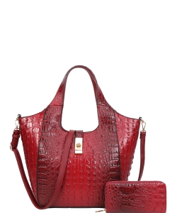2-IN-1 Alligator Crocodile Satchel Shoulder Bag Set With Wallet CY-8922W RED