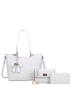 3in1 Oval Monogram Flower Tassel Handbag Wallet Set FT-8093S