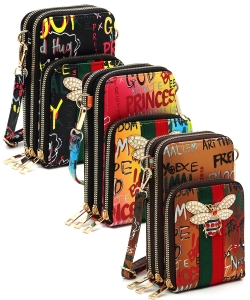 Package of 6 Pieces Multi Graffiti Queen Bee Stripe Crossbody Cell Phone Purse GP081B