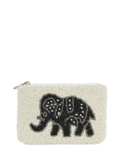 Elephant Black White Seed Bead Zipper Bag HD00180