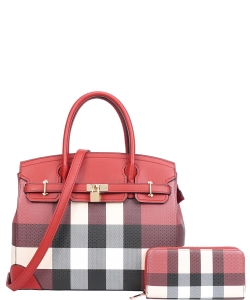 2in1 Plaid Monogram Classic Satchel Set LM-8913W