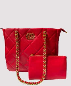 Quilted Tote & Matching Pouch Set with Interlocking Chain Strap P6899
