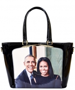 Frame Michelle Obama Fashion  Magazine Print Faux Patent Leather Handbag With Gold Embellishments PA0046 3
