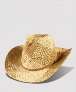 Two Tone Straw Braided Patches Cowboy Hat PMMT9828