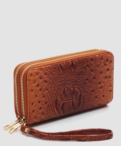 Ostrich Croc Double Zip Around Wallet Wristlet POS0012